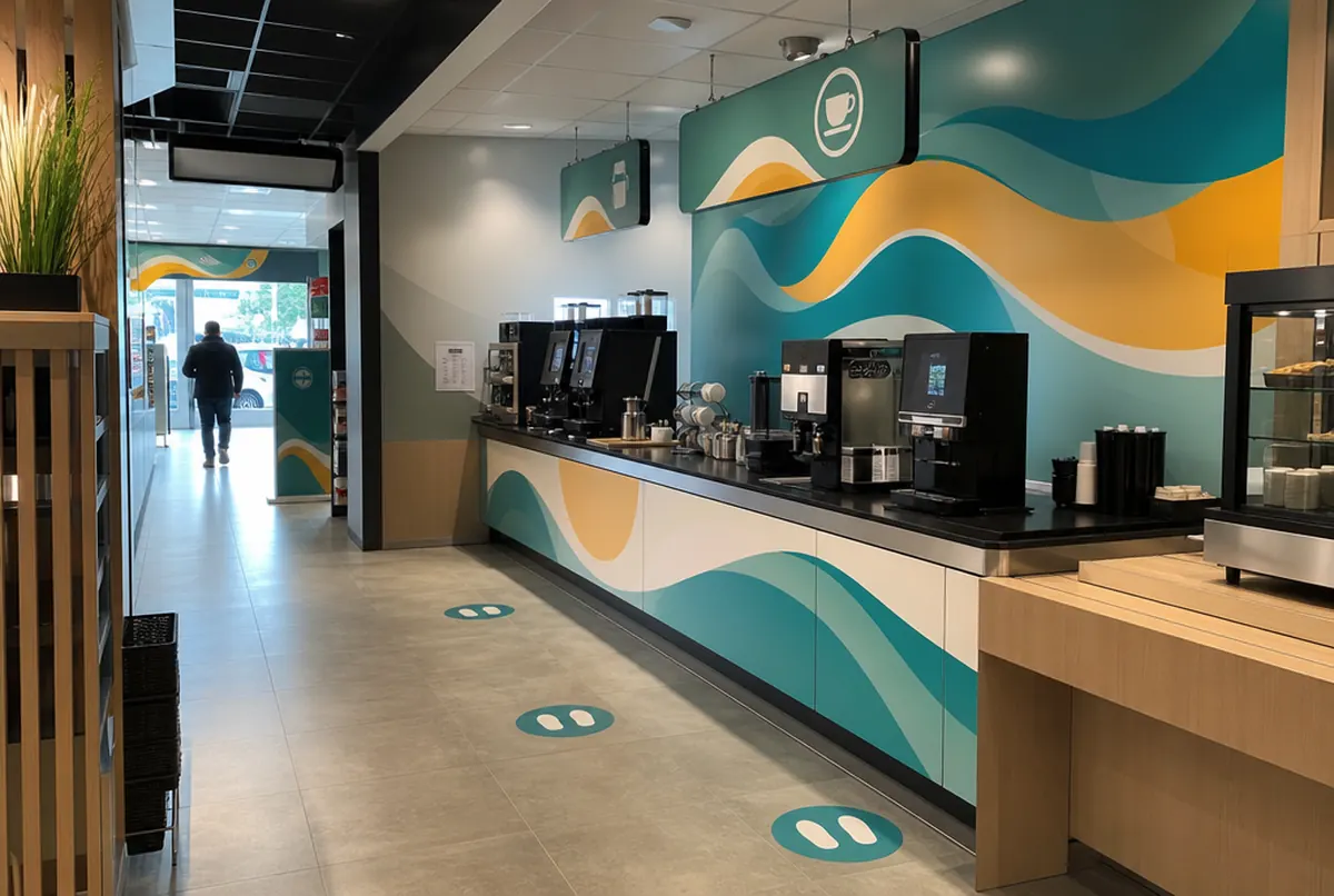Kaffee-Ecke im Tankstellenshop: türkis-gelbe Wellengrafiken, beklebte Theke und Bodenaufkleber