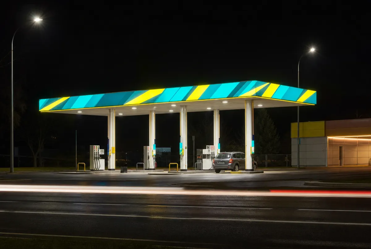 Tankstelle bei Nacht von der anderen Straßenseite: leuchtender Dachfries in türkis-gelben Streifen, Lichtspuren