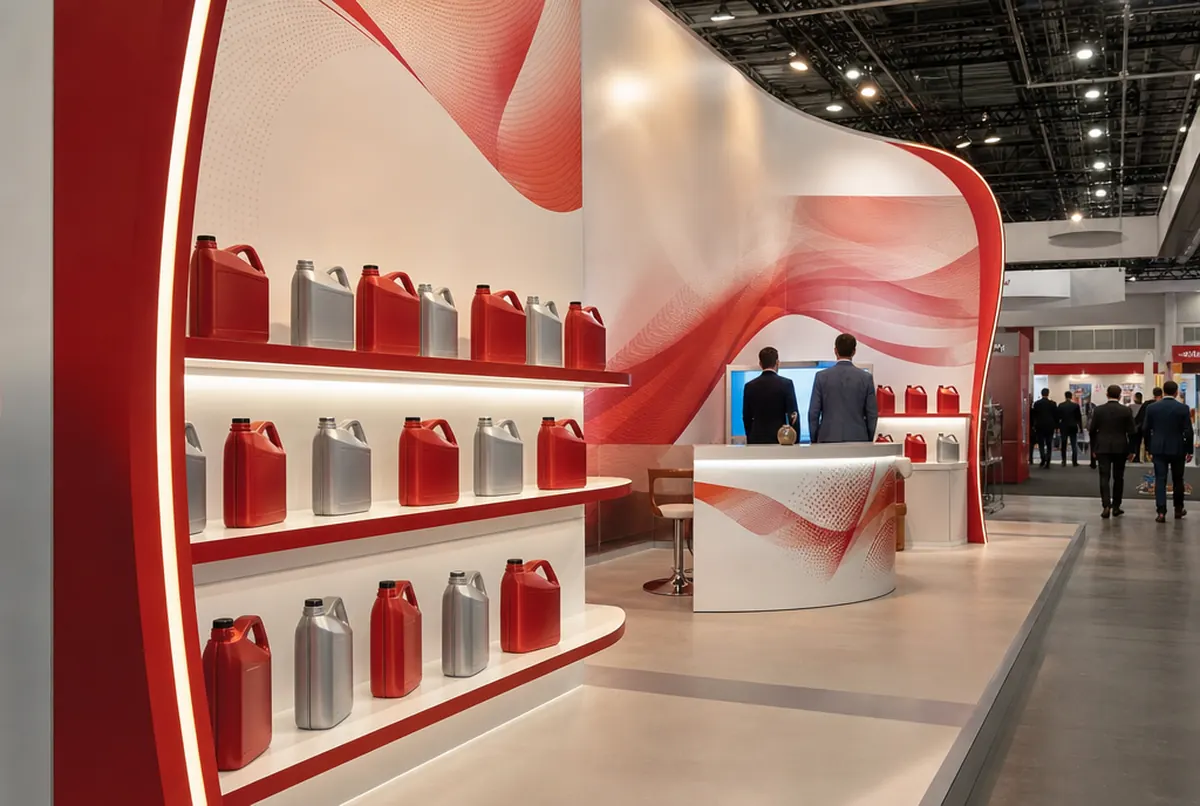 Trade fair stand: curved red and white walls and illuminated shelves with unlabelled oil canisters