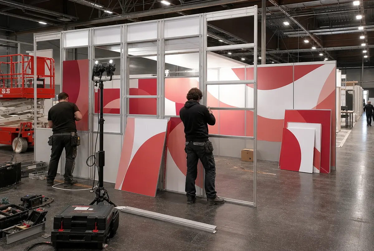 Exhibition stand build-up: crew assembling aluminium frames, red and white fabric panels waiting beside