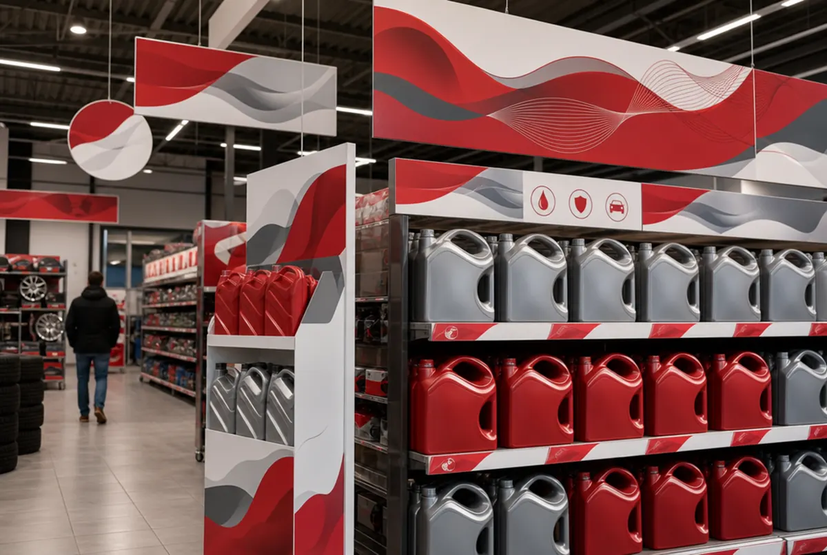 Shop-in-shop in an auto parts store: red and white shelf strips, wobblers and a floor display