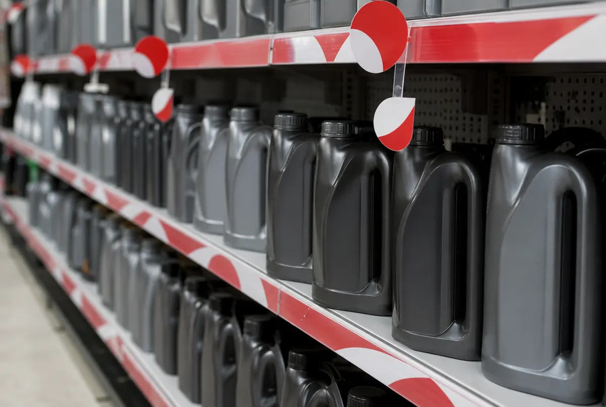 Automotive store shelf: red and white shelf strips and wobblers above rows of oil canisters without labels