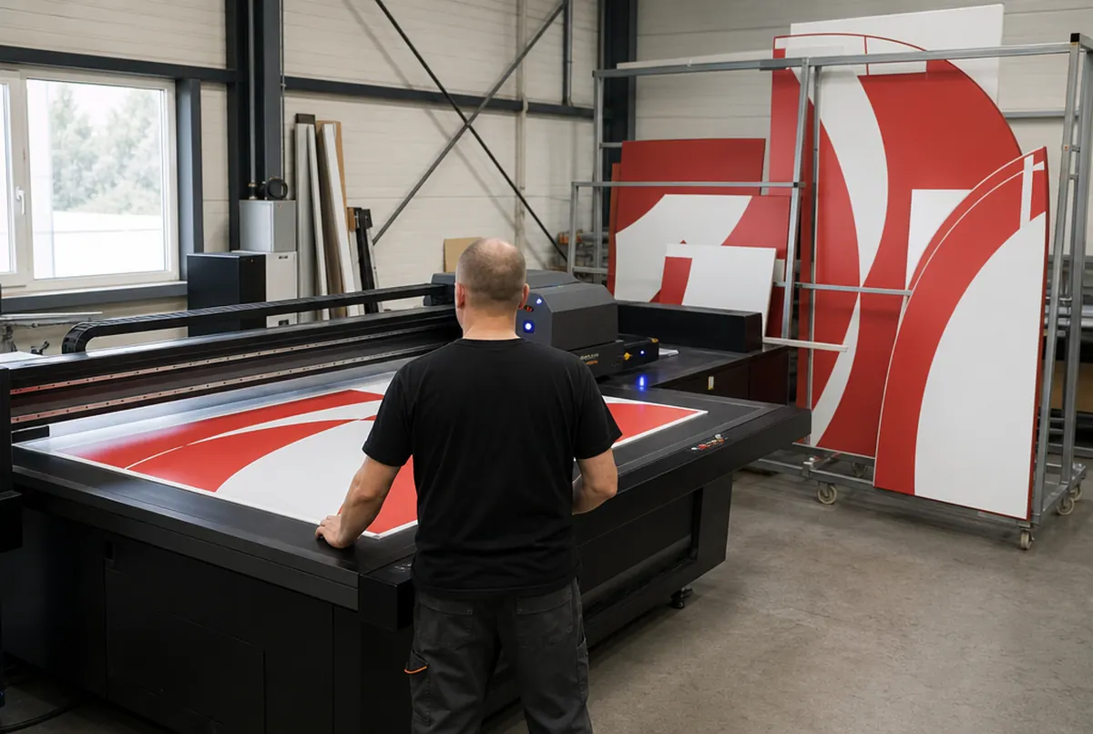 A UV printer prints red and white curved panels for a trade fair stand, finished parts leaning on a rack