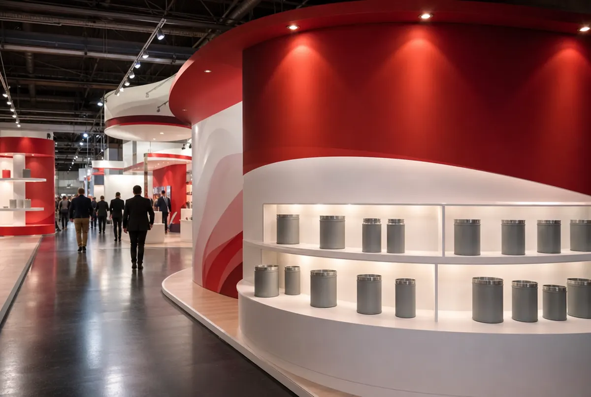 Trade fair hall in the evening from the aisle: a stand with curved red and white walls and lit shelves