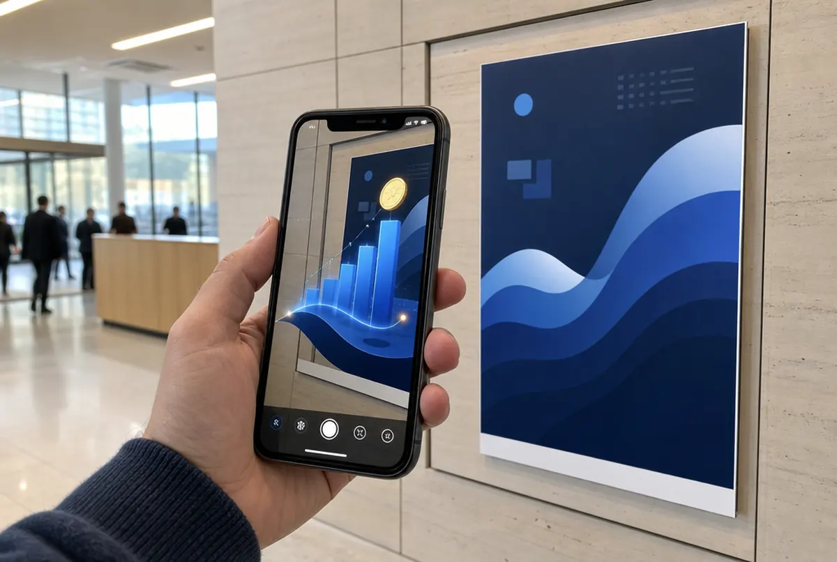 Ein auf ein dunkelblaues Plakat gerichtetes Smartphone zeigt steigende 3D-Balken in Augmented Reality
