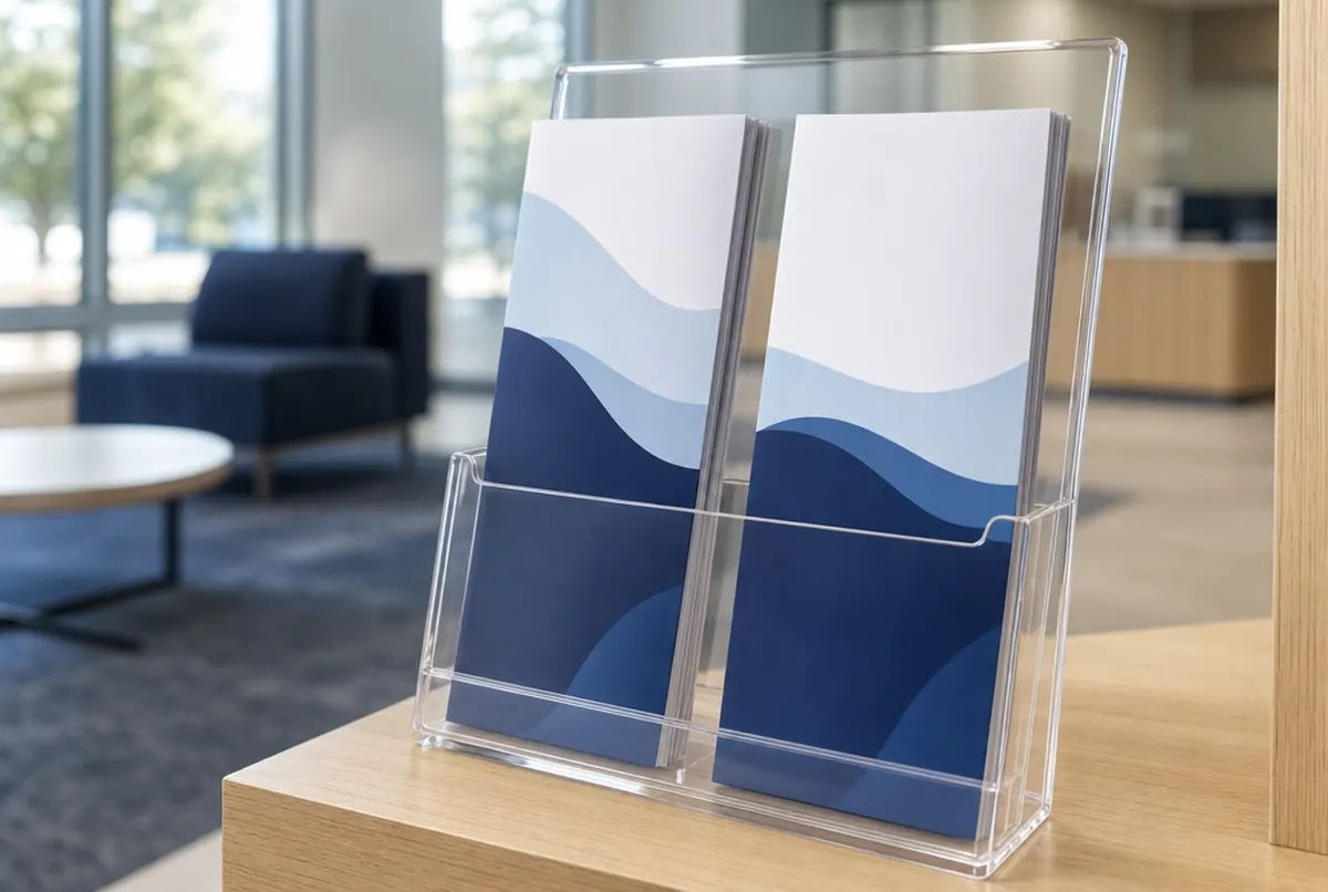Ein Acrylständer auf der Theke einer Bankfiliale mit Flyern in navy-hellblauen Wellen, dahinter der Wartebereich