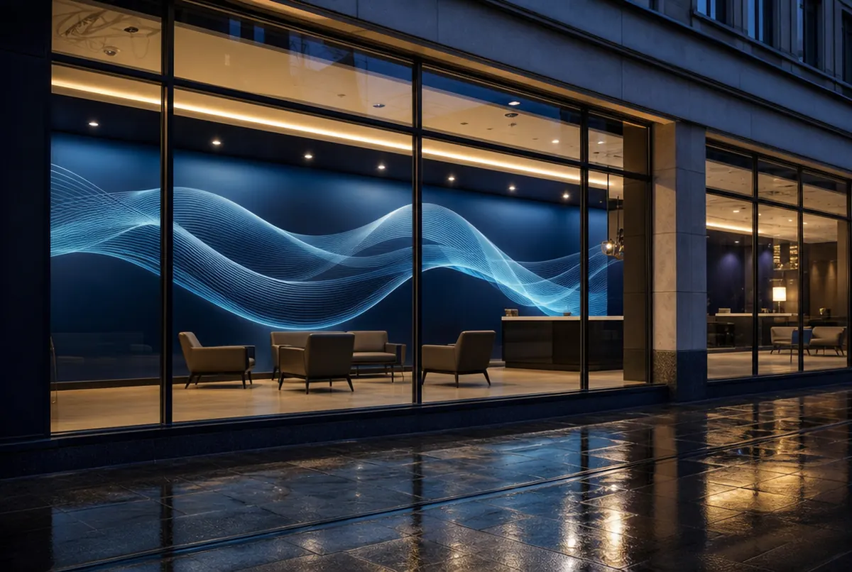 Bankfiliale am Abend von der Straße: beleuchtete navyblaue Wandgrafik mit hellblauen Wellen hinter Glas