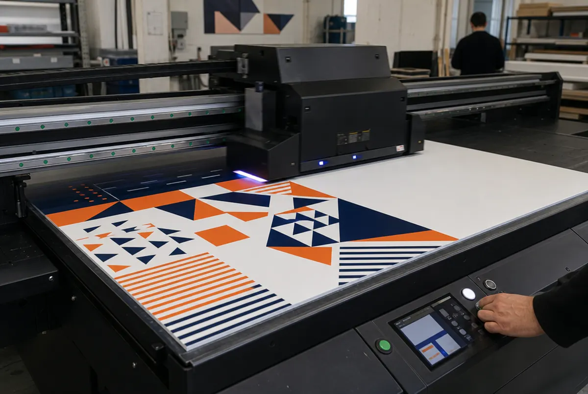 UV-Flachbettdrucker druckt ein dunkelblau-oranges Muster aus Dreiecken und Streifen auf eine feste Platte