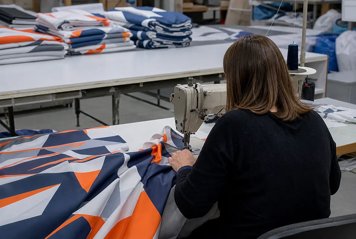 Näherei: eine Näherin säumt Stoff mit navy-orangem Dreiecksdruck an einer Industrienähmaschine