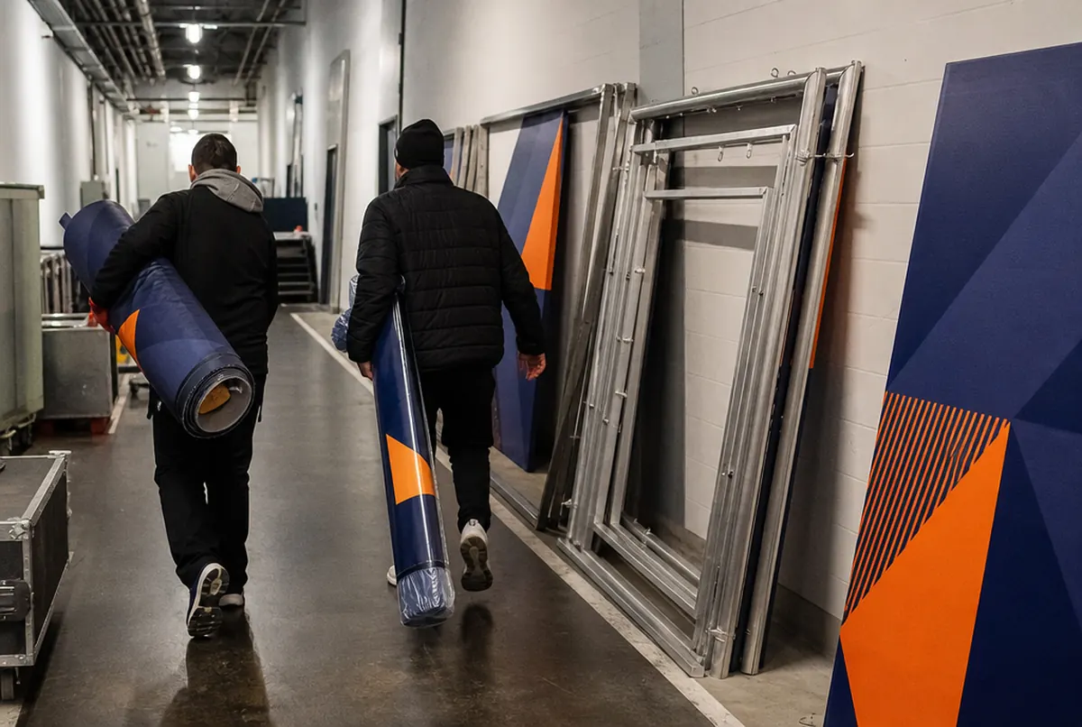 Servicegang der Halle: das Team trägt gerollte Banner vorbei an Rahmen und navy-orangen bedruckten Paneelen