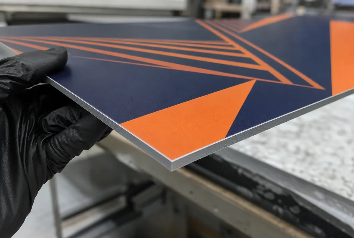 Nahaufnahme einer mattlaminierten Verbundplatte mit navy-orangen Dreiecken und Streifen und sauberer Kante