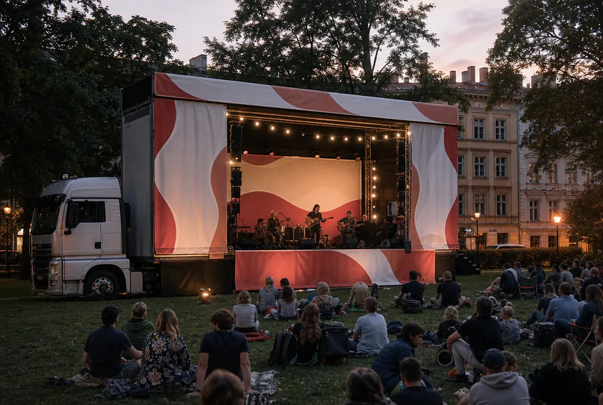 Mobile Bühne in einem Stadtpark in der Dämmerung: korallenrote Wellenbanner, Lichterketten und Publikum