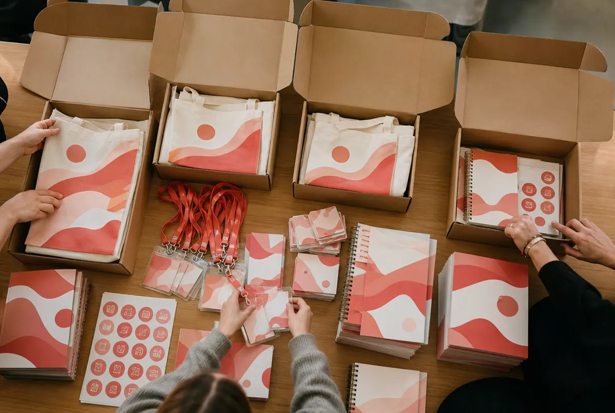 Eventpakete werden gepackt: Taschen, Lanyards, Aufkleber und Notizbücher im korallenroten Wellendesign