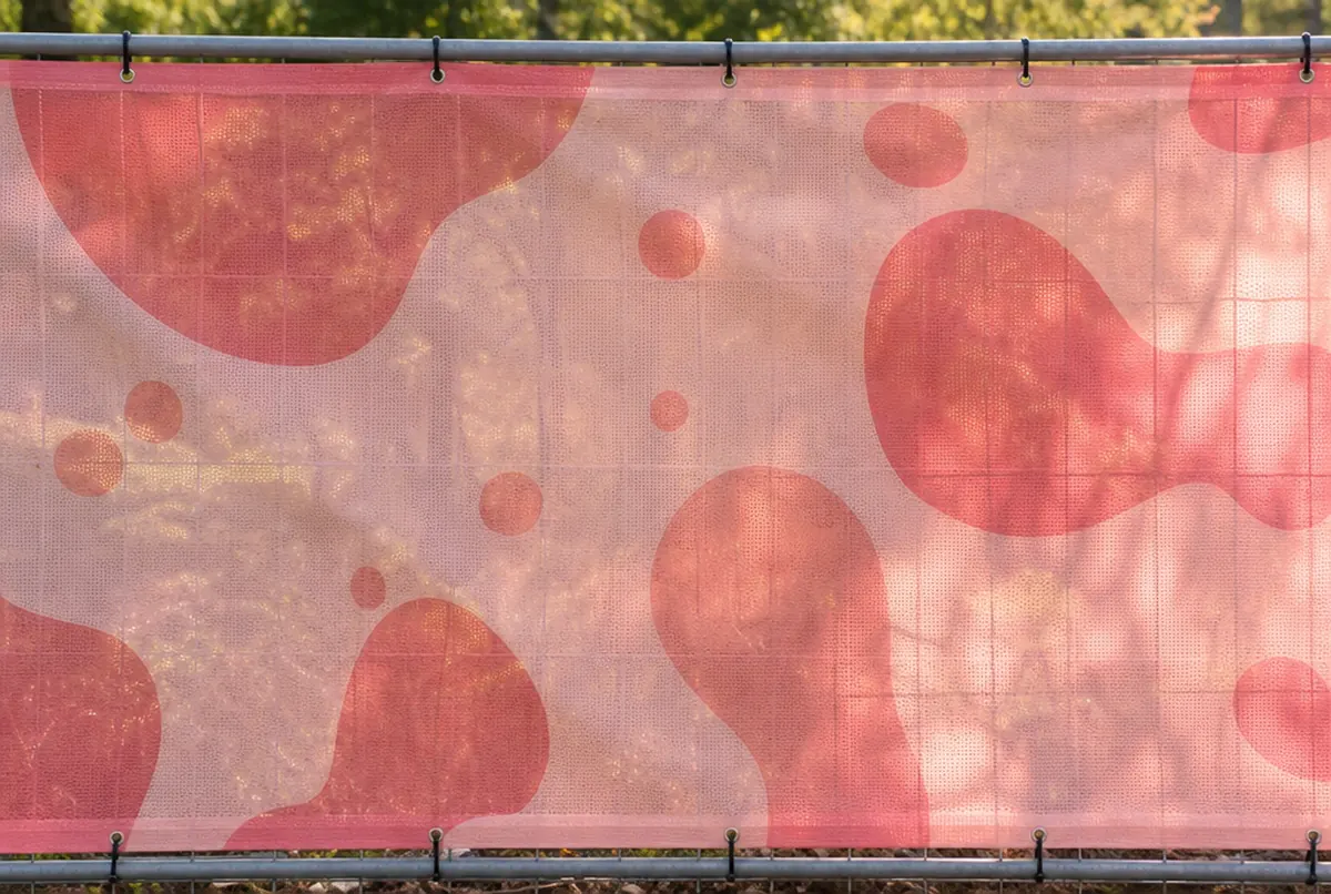 Nahaufnahme eines Mesh-Banners mit korall- und pfirsichfarbenen Formen am Eventzaun, Sonnenlicht scheint durch