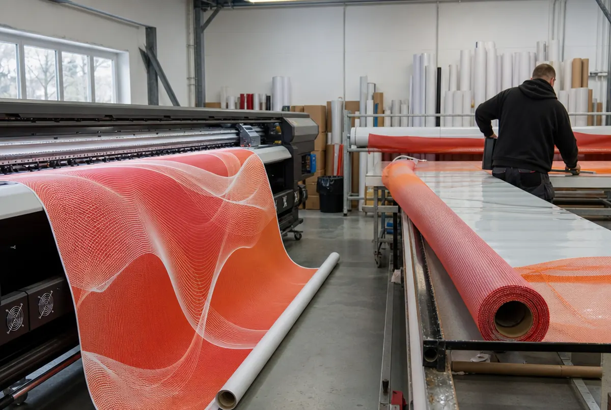 Ein Rollendrucker druckt ein korallfarbenes Mesh-Banner mit Wellen, daneben schneidet ein Mitarbeiter eine Rolle