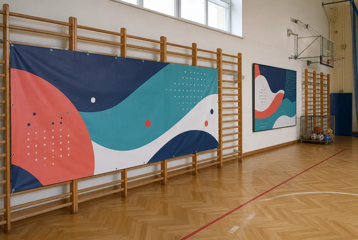Schulturnhalle mit neuem Banner in Dunkelblau, Koralle und Türkis an der Sprossenwand und passender Tafel