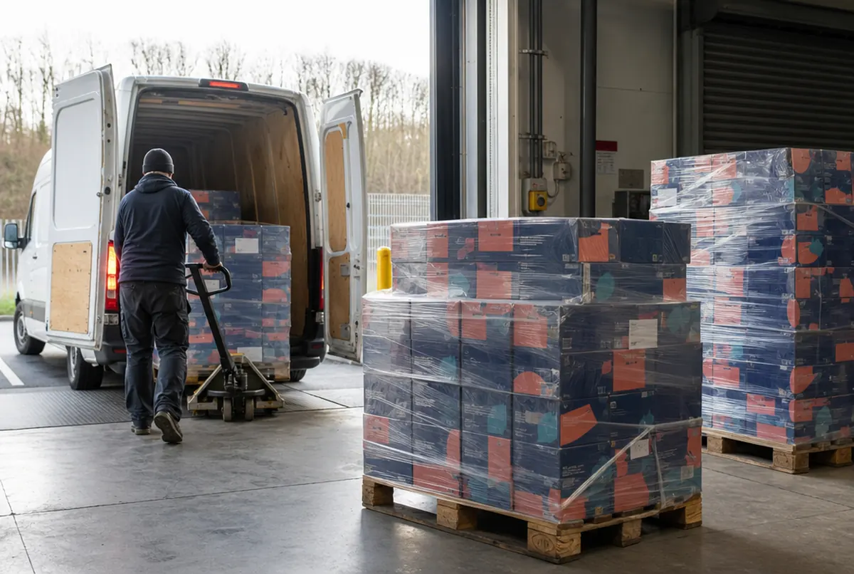 Lagerrampe: Paletten mit identischen bedruckten Kartons werden für viele Schulen in einen Transporter geladen