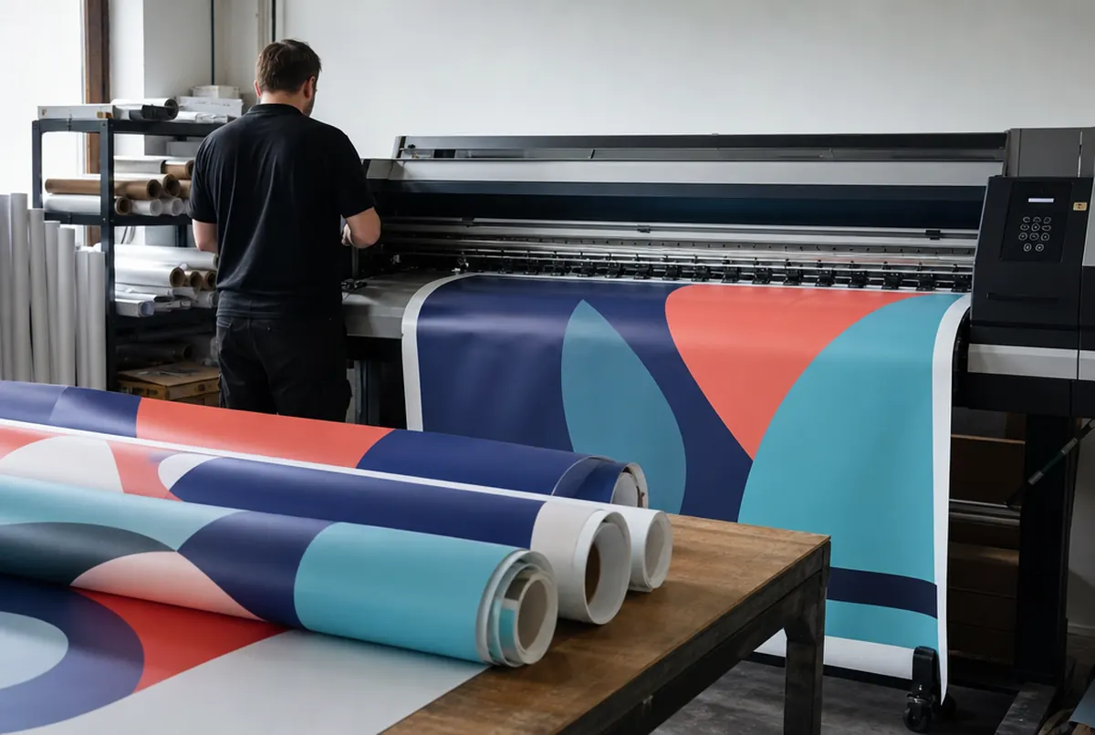 Ein Großformatdrucker druckt ein Banner in Navy, Koralle und Türkis, fertige Banner liegen gerollt auf dem Tisch