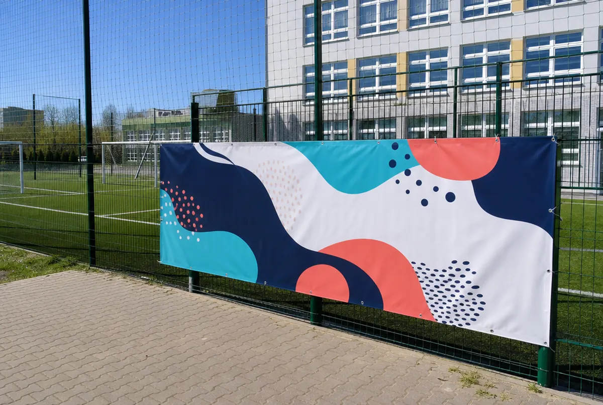 Schulsportplatz mit Kunstrasen: neues Banner mit Formen und Punkten in Navy, Koralle und Türkis am Zaun