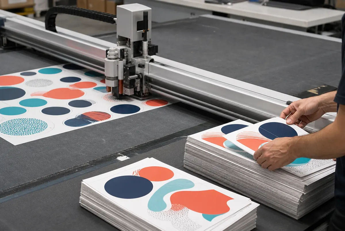 Ein Schneideplotter schneidet Stickerbögen mit Kreisen in Navy, Koralle und Türkis, Hände stapeln fertige Bögen
