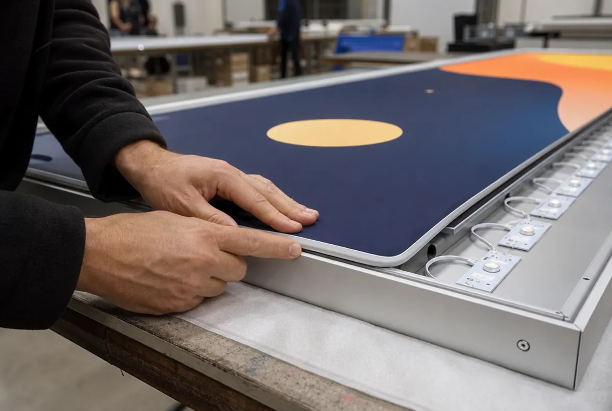 Hände drücken den Silikonkeder einer bedruckten Stoffgrafik in die Nut eines LED-Leuchtrahmens
