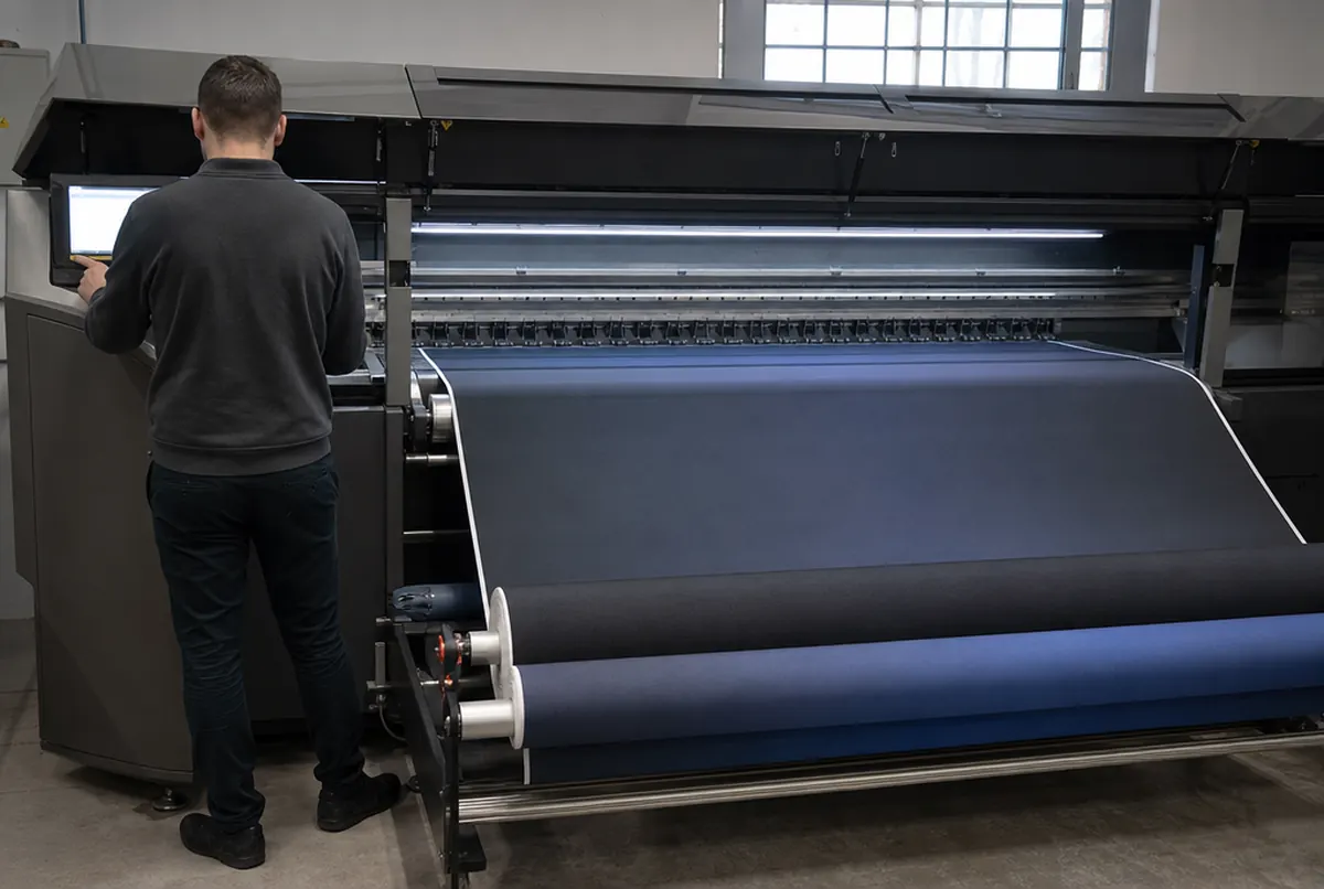 Ein Sublimationsdrucker druckt breiten Stoff im dunklen Verlauf von Anthrazit zu Navy auf eine Aufwickelrolle
