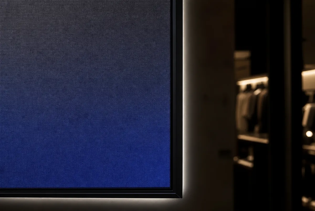 Nahaufnahme der Kante eines Textil-Leuchtkastens: gleichmäßig leuchtender tiefblauer Stoff und schlankes Profil