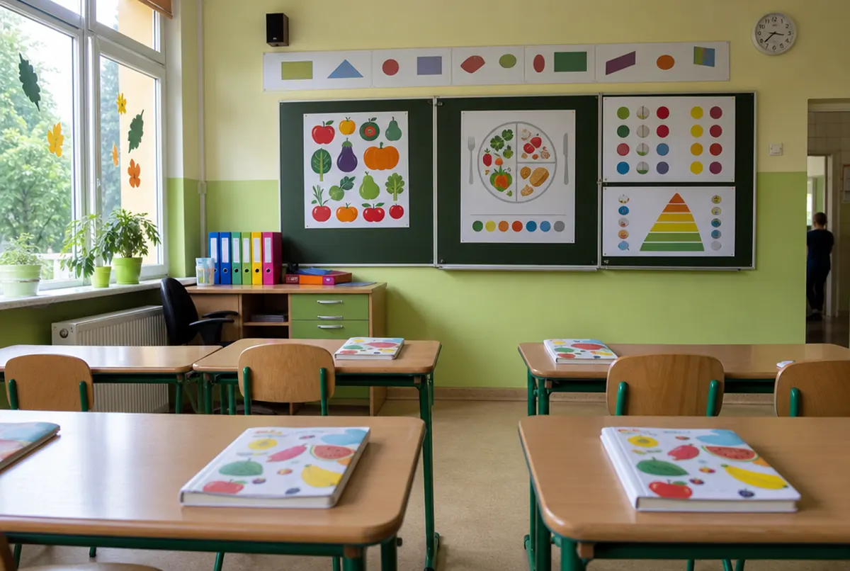 Grundschulklasse mit Lernplakaten zur gesunden Ernährung und bunten Arbeitsheften auf den Tischen