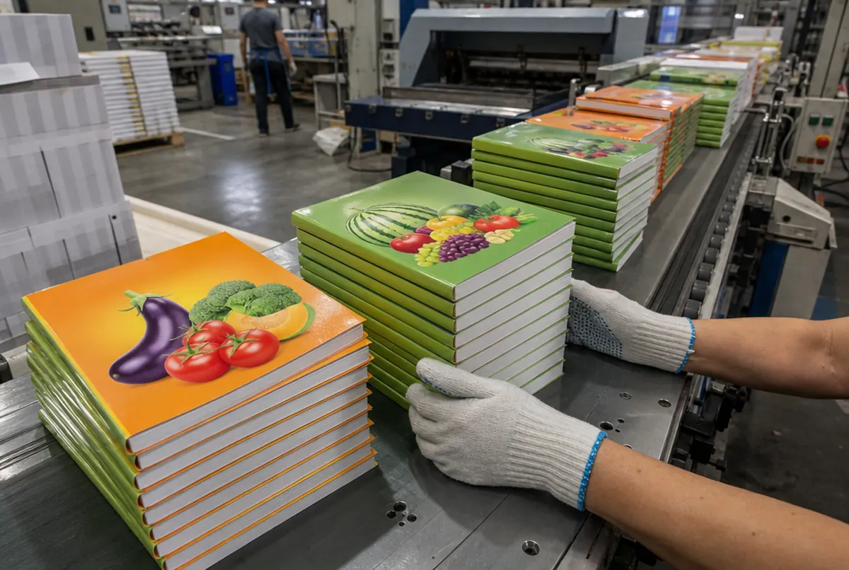 Buchbinderei: Stapel frisch gebundener Lernbücher mit Obst- und Gemüsemotiven auf dem Förderband