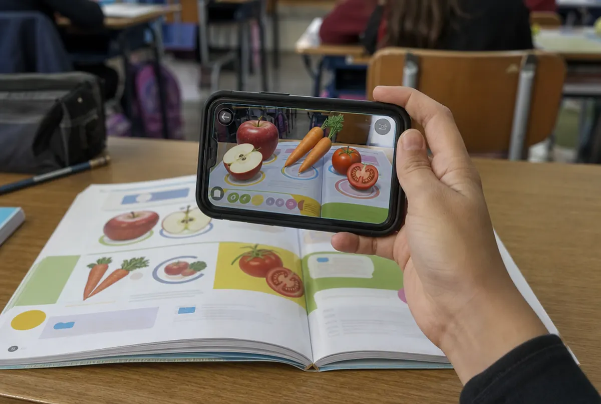 Ein Smartphone über einem offenen Lernbuch zeigt Obst und Gemüse in 3D als Augmented Reality