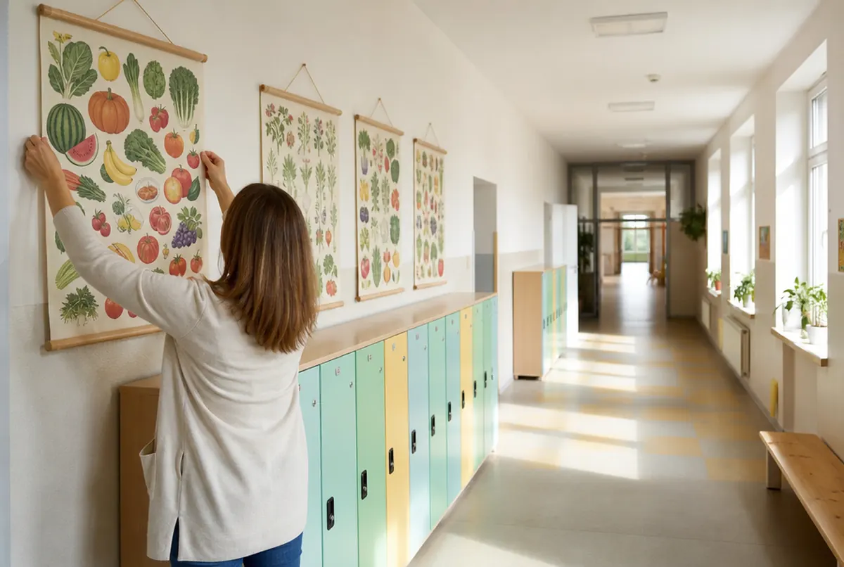 Grundschulflur: eine Lehrerin hängt illustrierte Obst- und Gemüsetafeln über den Schülerspinden auf