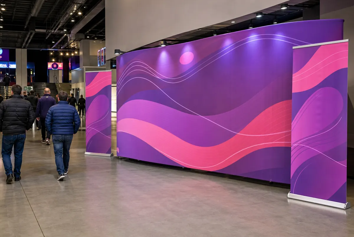 Fanzone im Hallenfoyer: große gebogene Fotowand mit lila-pinken Wellen und zwei Roll-ups