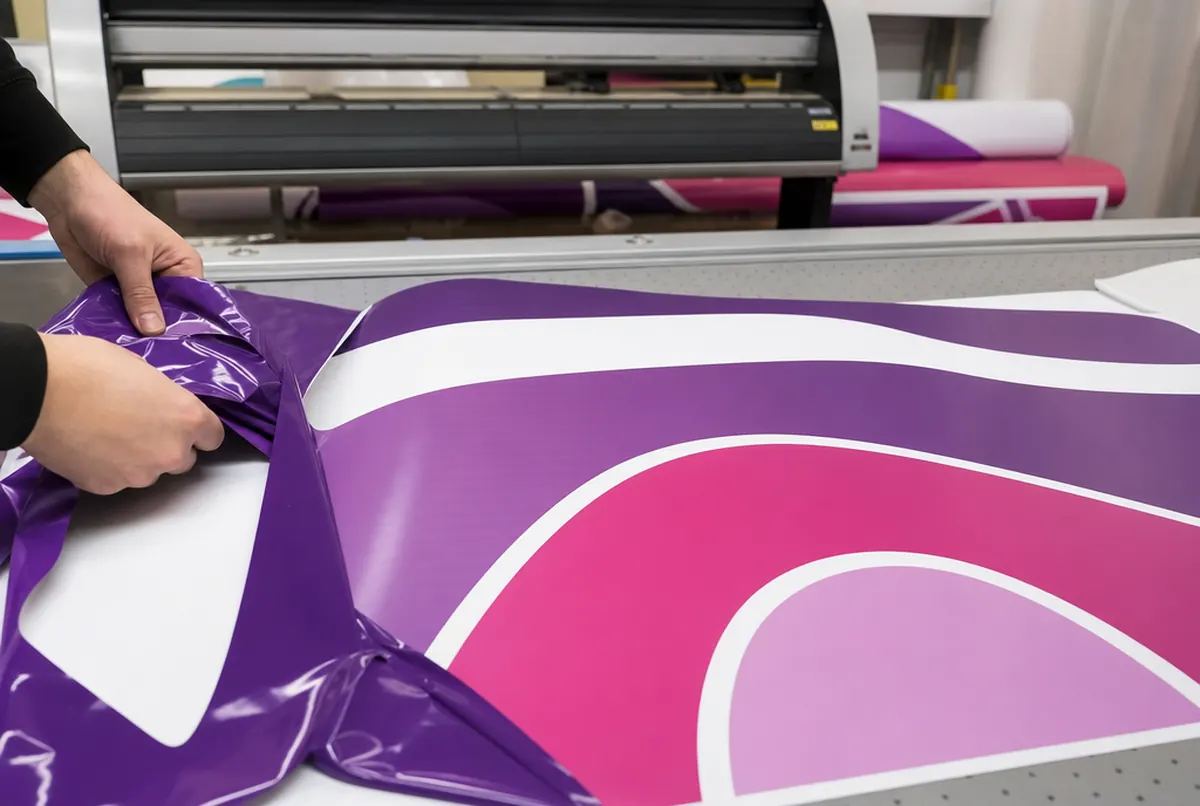 Schneideplotter und Entgittern: lila-rosa Bodenaufkleber in Wellenform werden von Hand vom Überschuss befreit