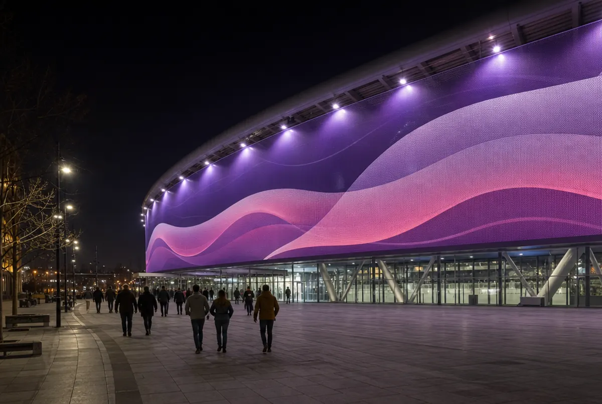 Sporthalle bei Nacht: Fassade mit riesigem Mesh-Banner in lila-rosa Wellen, von Strahlern beleuchtet