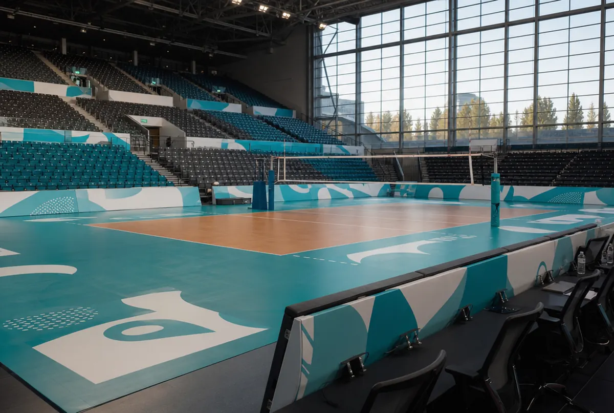 Leere Volleyballhalle mit Glasfassade: türkis-weiße Bodenaufkleber in den Zonen und Banden am Spielfeld