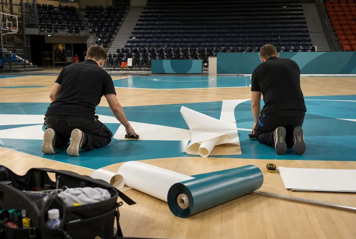 Zwei Monteure kleben kniend eine große türkis-weiße Bodengrafik mit Rakeln auf das Spielfeld einer Sporthalle