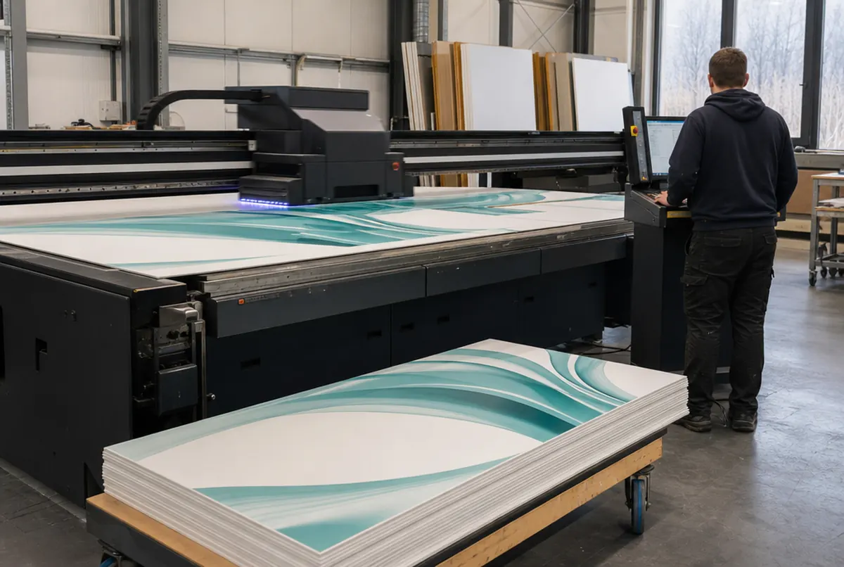 Ein UV-Flachbettdrucker druckt türkis-weiße Wellen auf starre Platten, fertige Paneele liegen auf einem Wagen