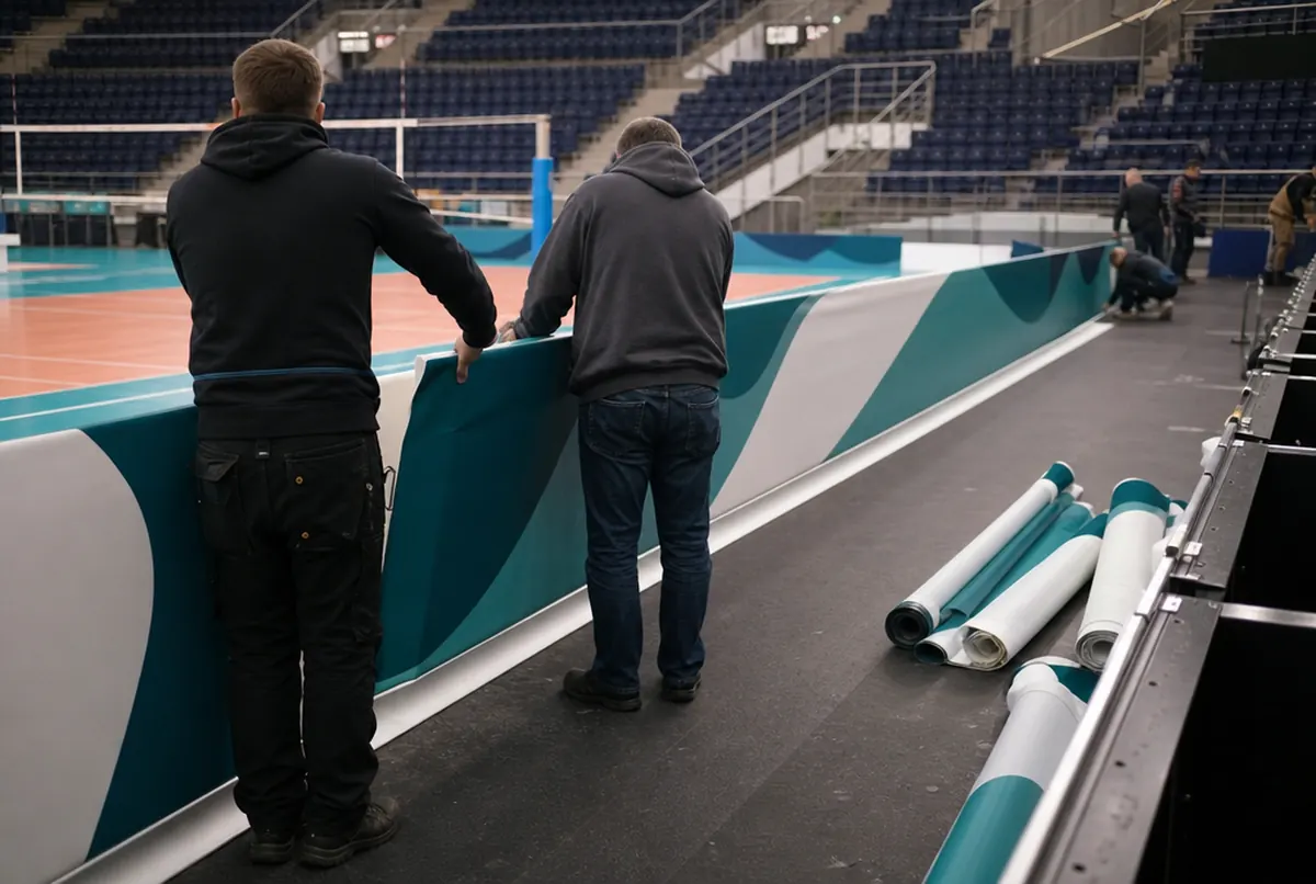Das Team stellt gepolsterte Banden mit türkis-weißen bedruckten Bezügen am Spielfeld auf, daneben gerollte Bezüge
