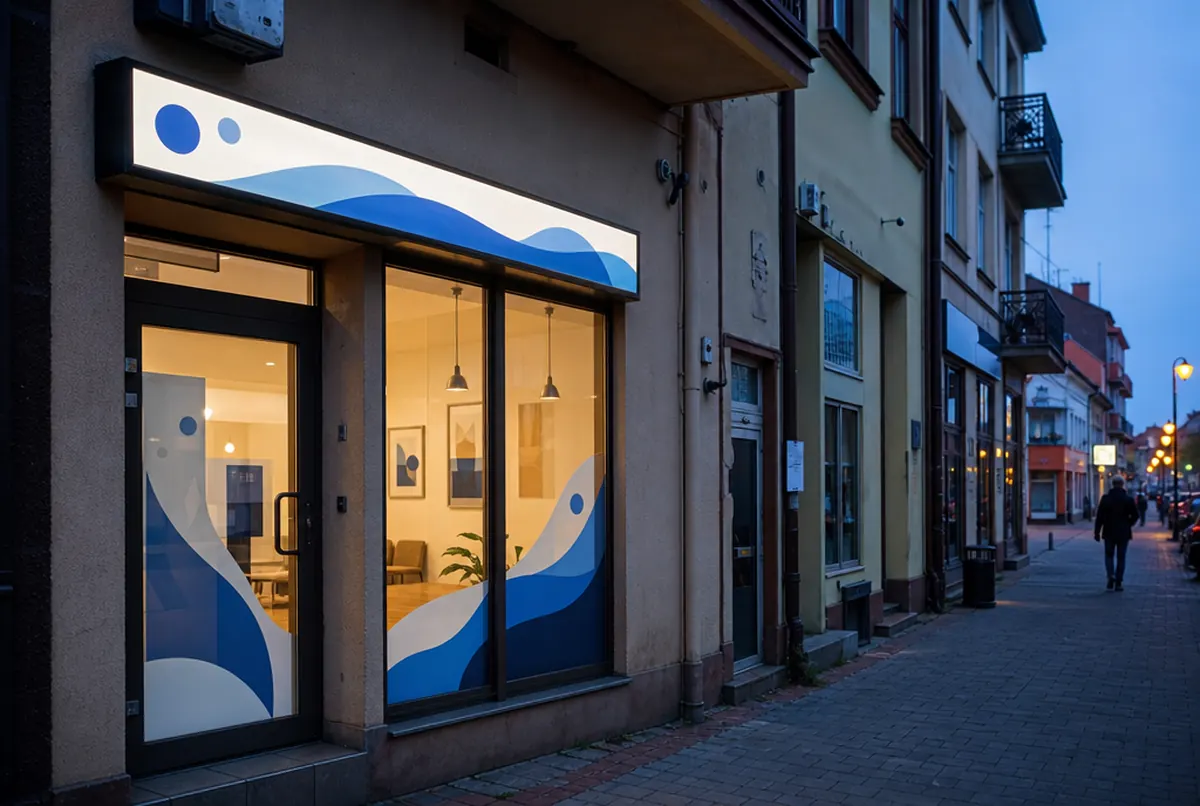 Schaufenster eines Partnerbüros in einer Kleinstadt am Abend: Leuchtkasten und Fensterfolie mit blauen Wellen