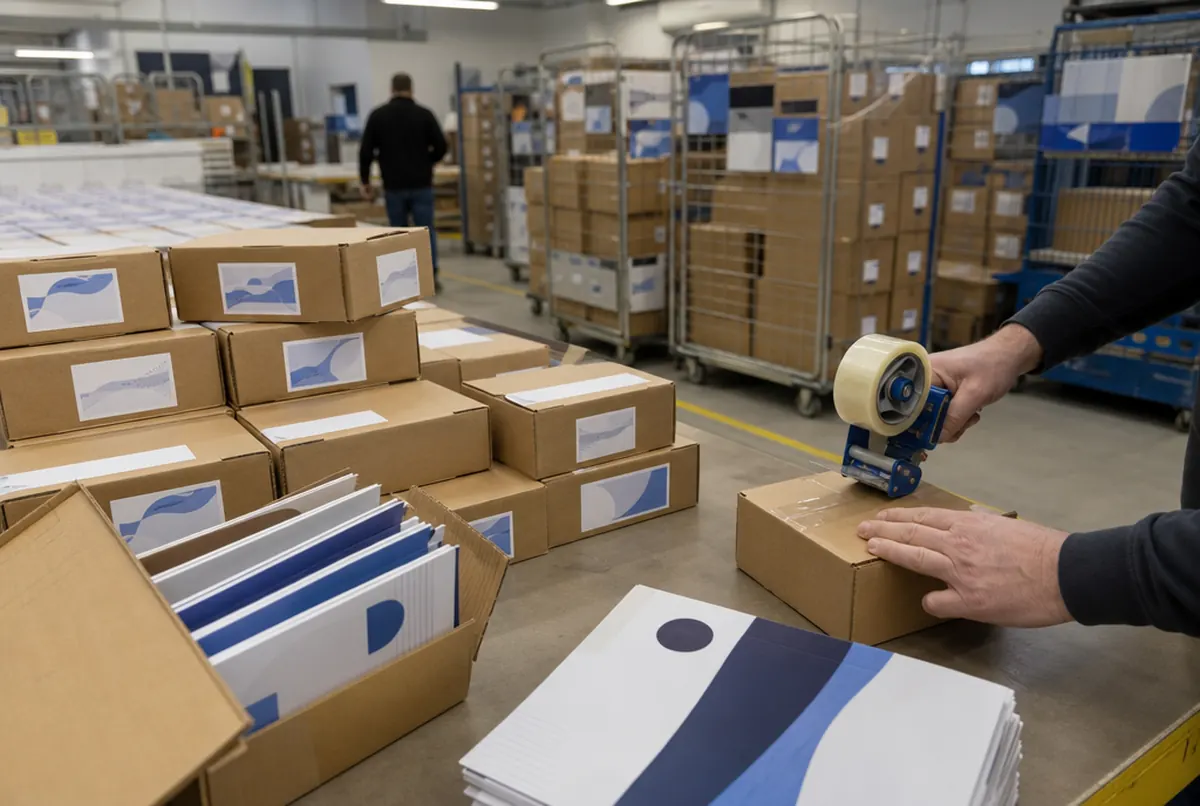 Pakete mit Drucksachen für viele Partnerbüros werden gepackt, Rollwagen mit Kartons für den Kurier