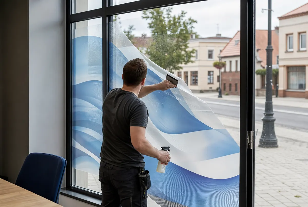 Ein Monteur klebt von innen bedruckte Folie mit blauen Wellen auf ein Bürofenster, mit Rakel und Sprühflasche