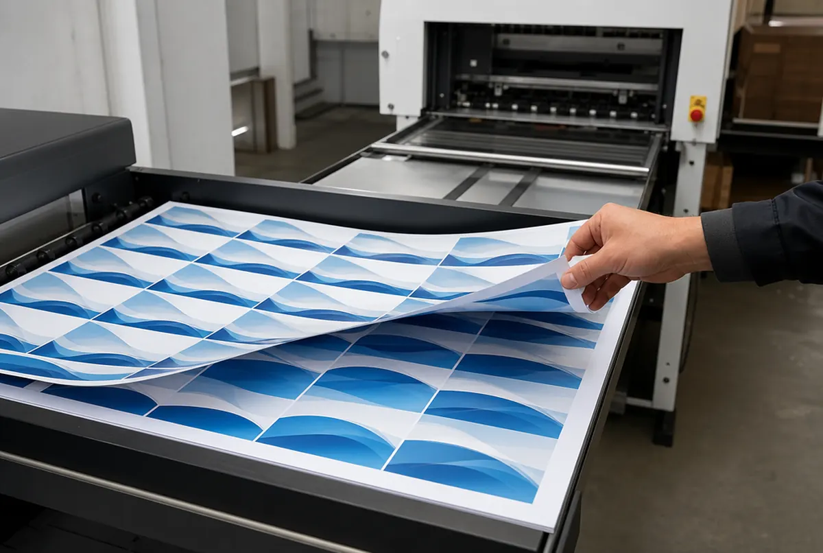 Auslage der Digitaldruckmaschine: Bogen mit Visitenkarten in blau-weißen Wellen im Raster vor dem Schneiden