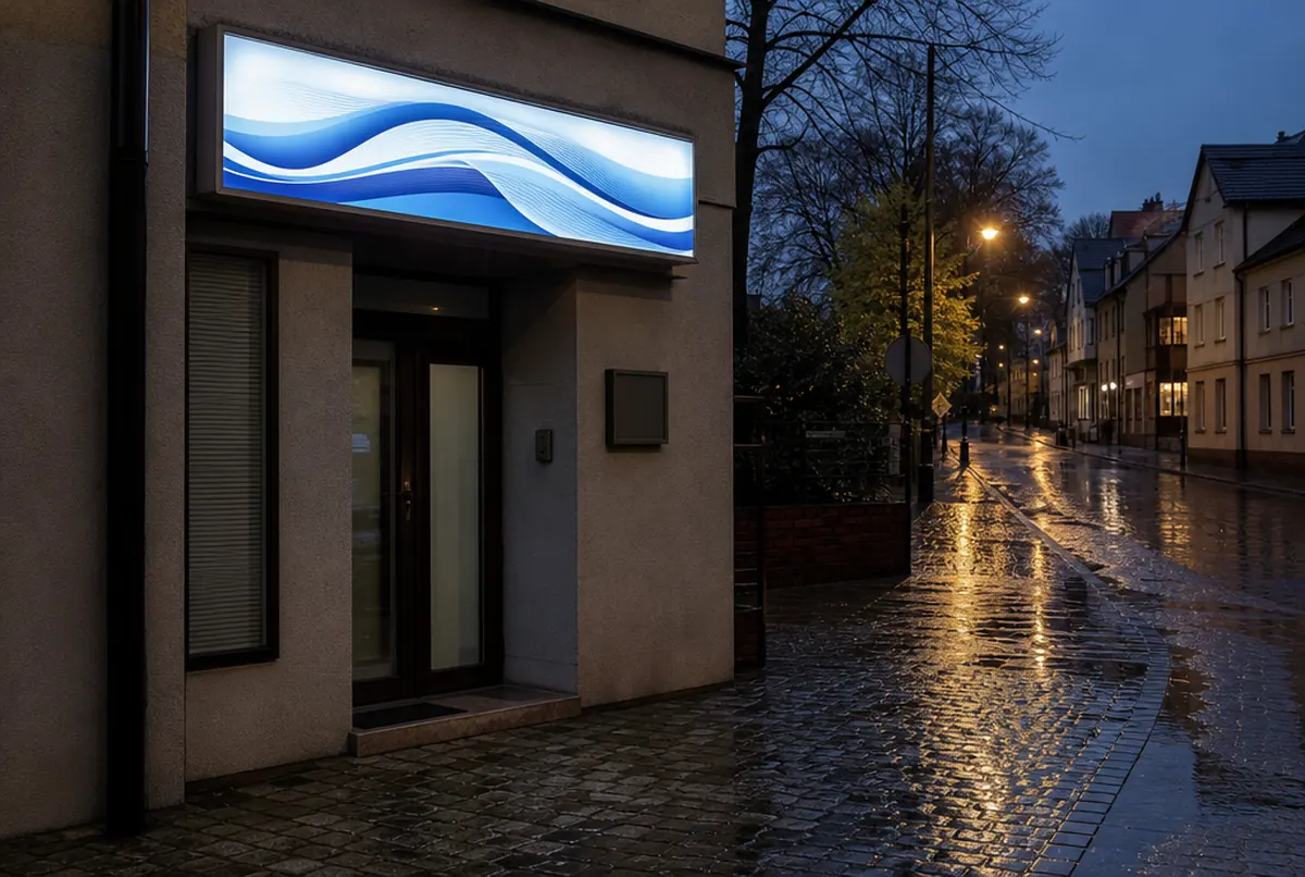 Regnerischer Abend in einer Kleinstadt: beleuchteter Leuchtkasten mit blau-weißen Wellen über dem Büroeingang