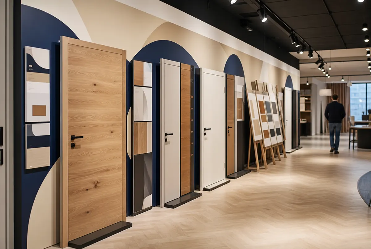 Türenausstellung: Türdisplays vor einer Wandgrafik mit cremefarbenen und dunkelblauen Bögen und Holzmustern