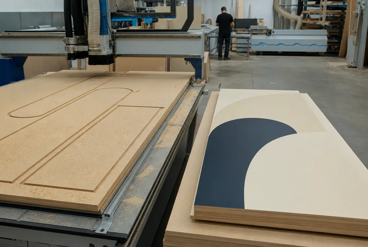 Eine CNC-Fräse schneidet MDF-Platten für ein Türdisplay, daneben ein Paneel mit creme-navy Bögen