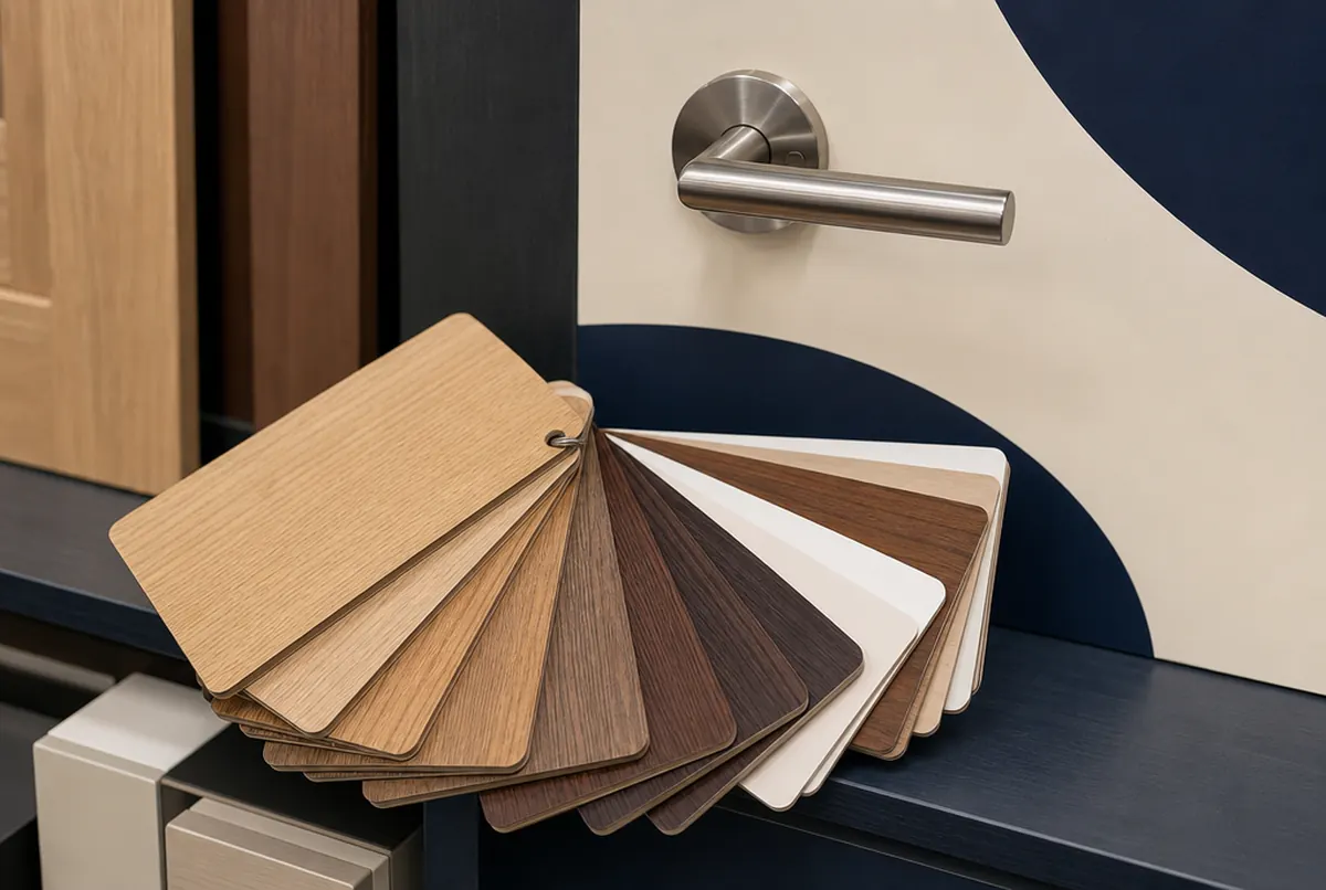 Ein Fächer aus Türfurniermustern und ein Edelstahlgriff vor einem Paneel mit creme-navy Bögen