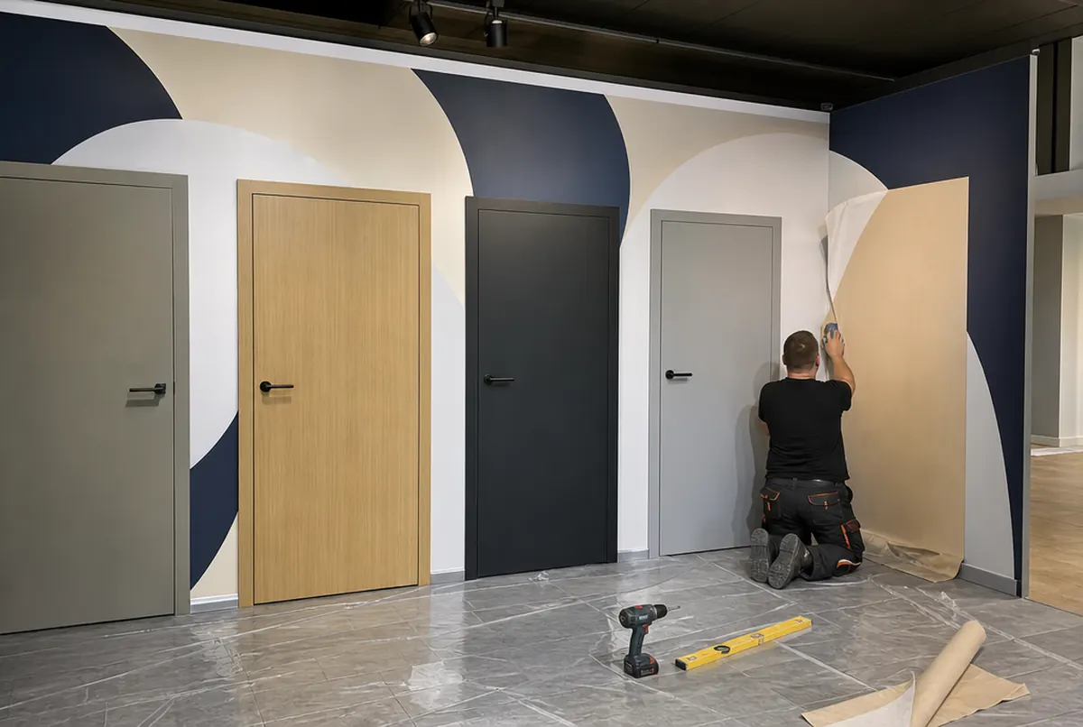 Türenstudio vor der Eröffnung: ein Monteur bringt eine creme-navy Bogengrafik hinter einer Türenreihe an