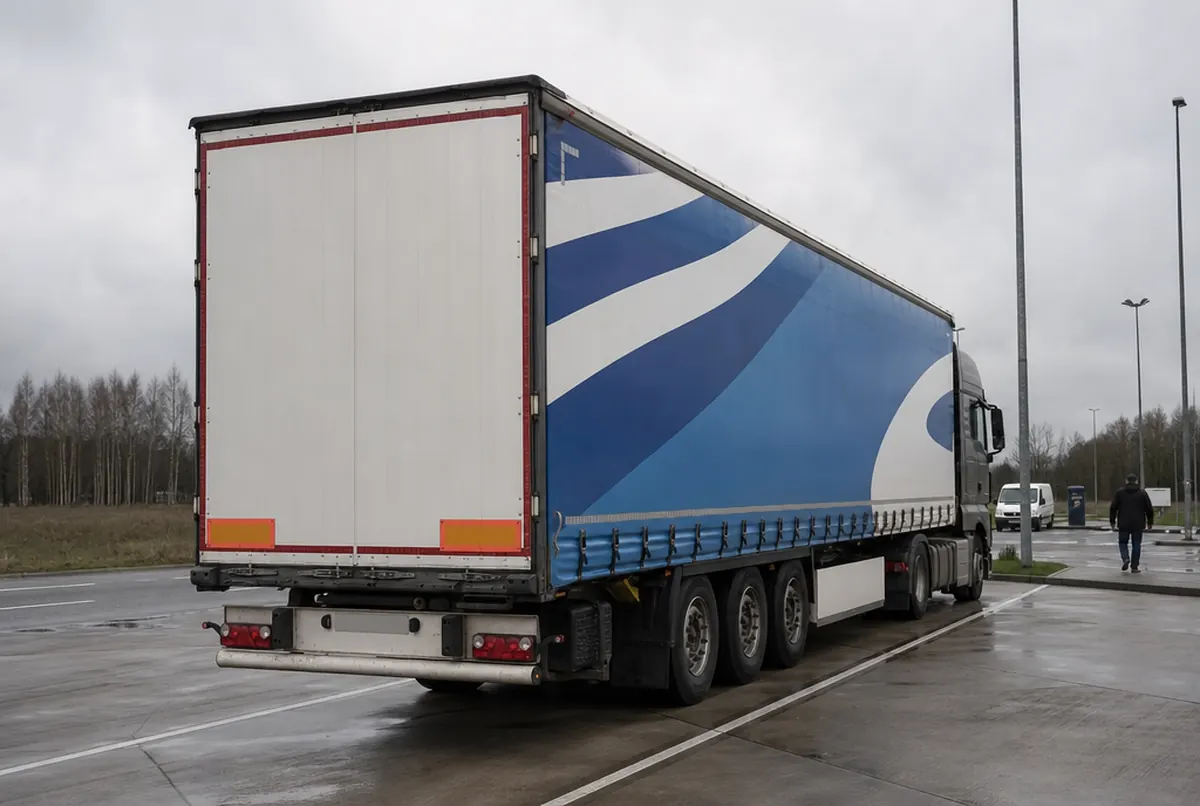 Sattelauflieger mit bedruckter Schiebeplane in blau-weißen Formen auf einem Autobahnrastplatz