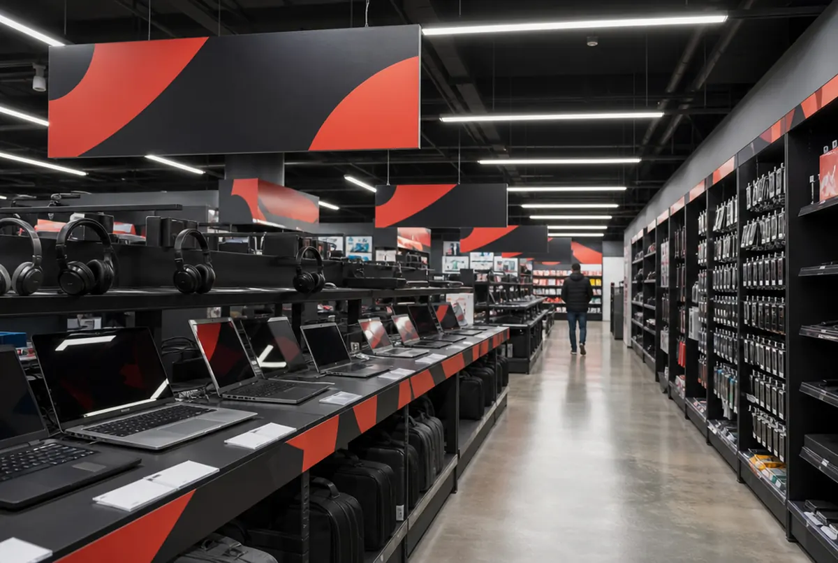 Gang eines Elektronikmarkts: abgehängte Schilder und Regalleisten in rot-grafitfarbenen Formen