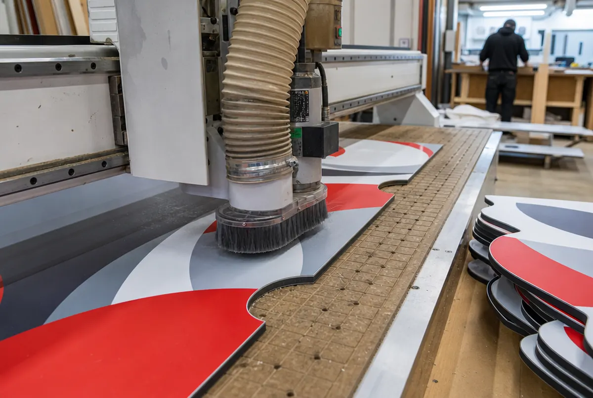 CNC-Fräse schneidet ein Formschild aus einer bedruckten Verbundplatte mit rot-grafitfarbenen Bögen